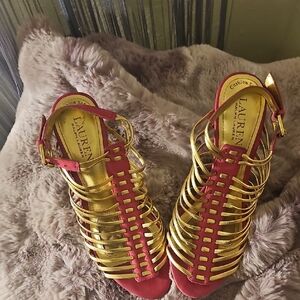 LAUREN by Ralph Lauren Fuchia and Gold Strappy Sandals